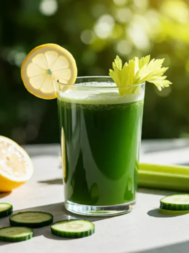 Refreshing celery detox juice is a fresh, green celery detox juice in a glass, garnished with a celery stalk and a slice of cucumber, radiating health and freshness, and Discover The Secrets Of The Refreshing Celery Detox Juice .