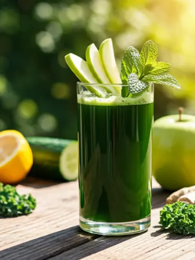 A rejuvenating glass of Revitalizing Green Elixir, featuring a bright green hue, garnished with a slice of cucumber and a sprig of fresh mint.