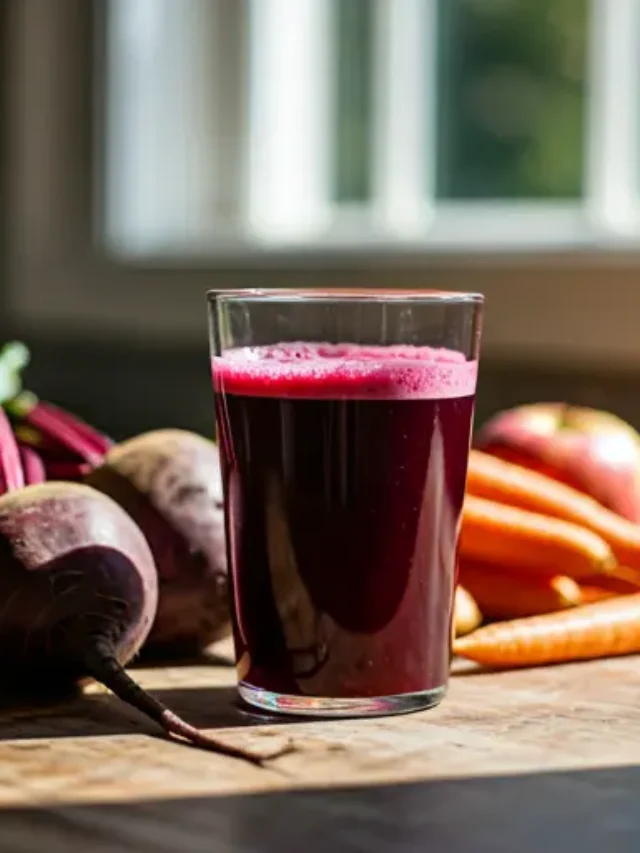 Rooted Bliss Elixir : A vibrant orange-red root juice in a glass, garnished with a carrot stick and a sprig of parsley, radiating natural warmth and vitality.