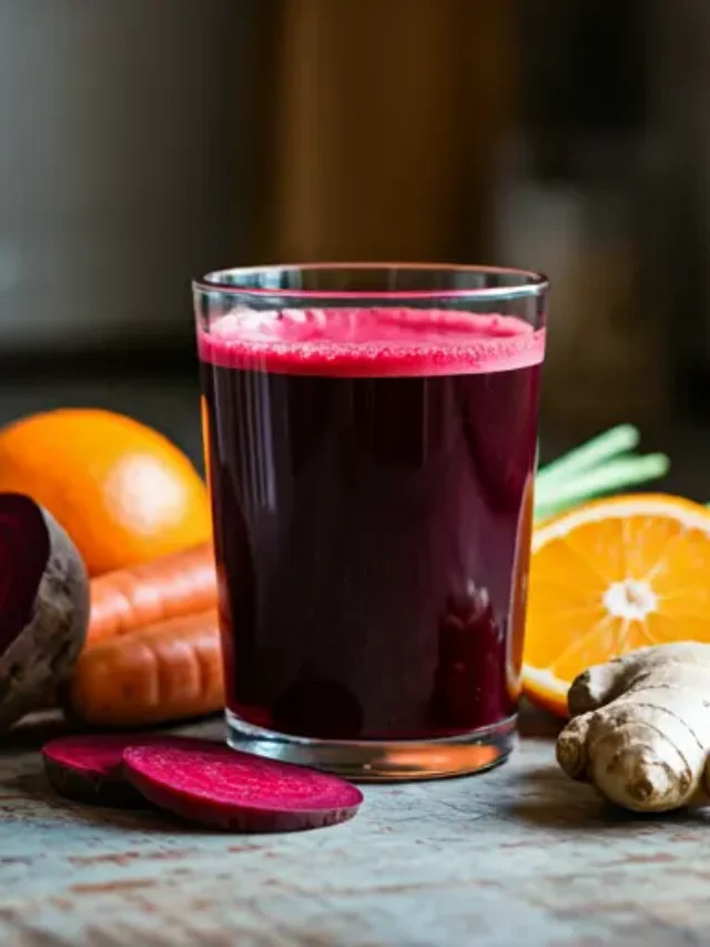 Rooted Vitality Elixir : A rich and earthy beetroot and carrot juice in a glass, garnished with a sprig of parsley, radiating natural vibrance and wellness.