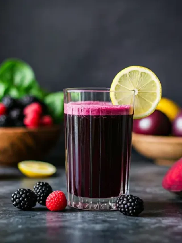 Royal Berry Revitalizer : A deep purple berry juice in a glass, garnished with a mix of fresh berries and a mint sprig, exuding richness and vitality.