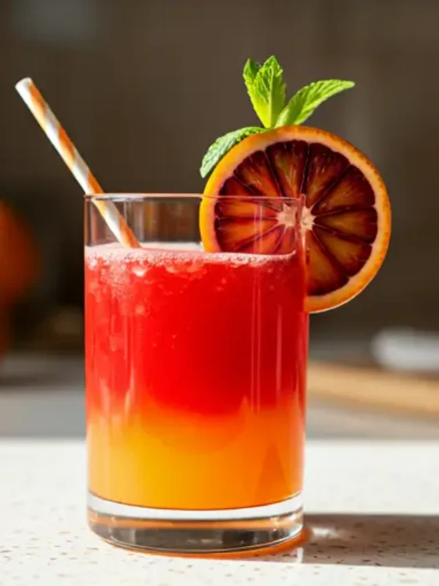 Sanguine Sunrise Elixir : A deep red-orange juice in a glass, garnished with a slice of blood orange and a mint sprig, reflecting the warm hues of a sunrise.