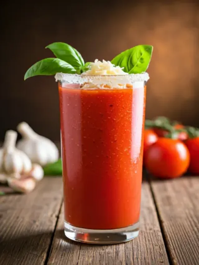 Savory Tomato Basil Elixir : A rich red tomato-based drink in a glass, garnished with a fresh basil leaf and a sprinkle of black pepper, exuding savory and aromatic flavors.