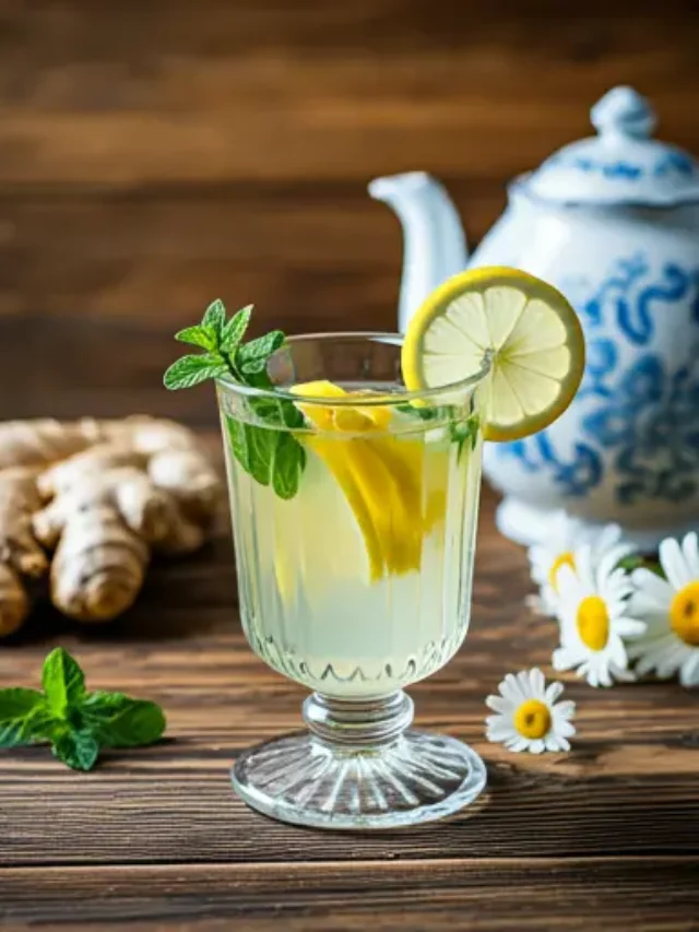 A calming glass of Soothing Digestive Bliss Elixir, with a soft golden hue, garnished with a slice of ginger and a sprig of fresh mint.