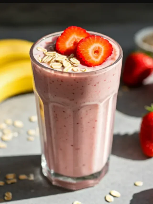 A creamy pink smoothie in a glass, topped with fresh strawberry slices, banana chunks, and a sprinkle of oats, radiating sweetness and health. Strawberry Banana Oat .