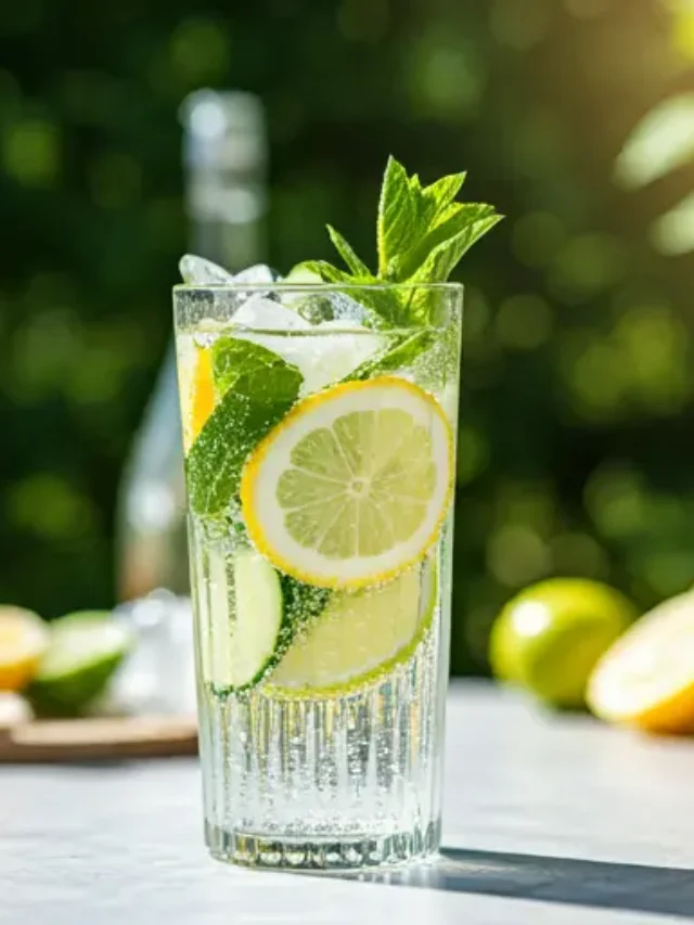 A chilled glass of Summer Citrus Bliss Refresher, glowing with a bright orange hue, garnished with a slice of orange and a sprig of mint.