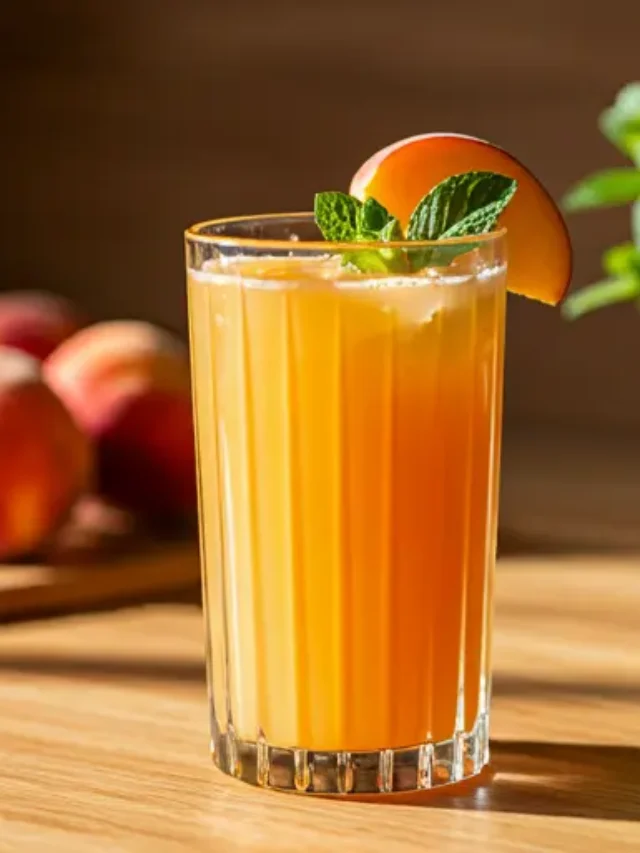 A luscious glass of Summer Peach Extravaganza, featuring a golden-peach hue, garnished with a slice of fresh peach and a sprig of thyme.