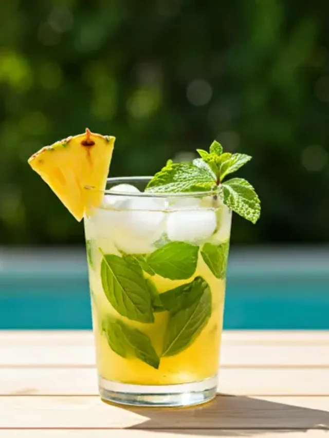 Tropical Herb Infusion : A golden tropical juice in a glass, garnished with fresh basil leaves and a slice of pineapple, exuding an herbaceous and refreshing appeal.