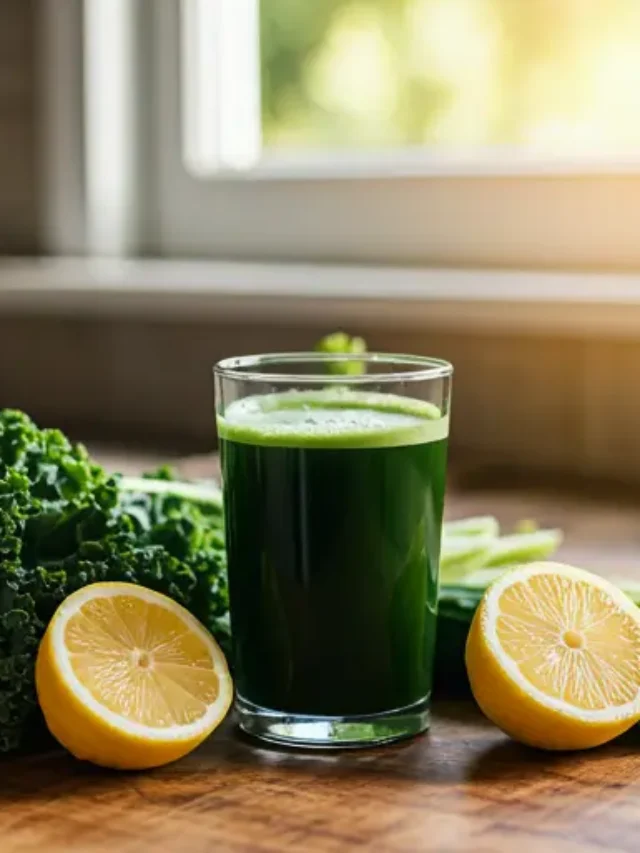 Verdant Vitality Juice : A vibrant green juice in a glass, garnished with a cucumber slice and a sprig of parsley, exuding freshness and vitality.