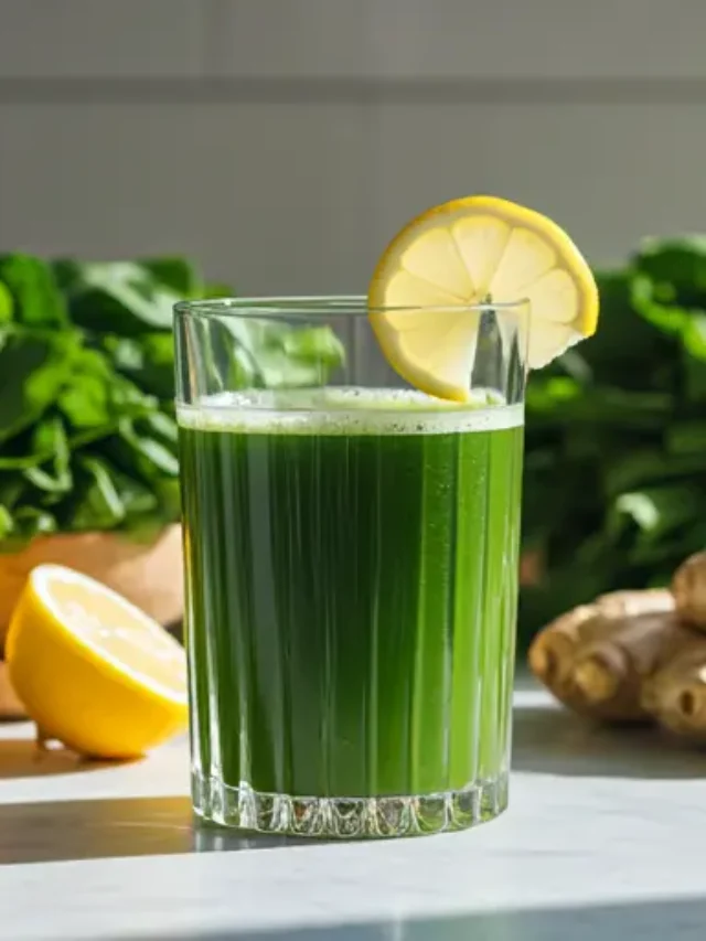 A vibrant glass of Vibrant Health Elixir, glowing with a bright green hue, garnished with a slice of lemon and a sprinkle of chia seeds.