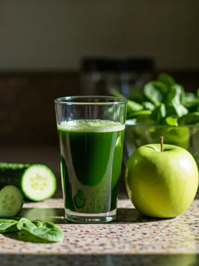 Vitality Green Elixir : A luminous green juice in a glass, garnished with a lime slice and fresh parsley, radiating health and rejuvenation.