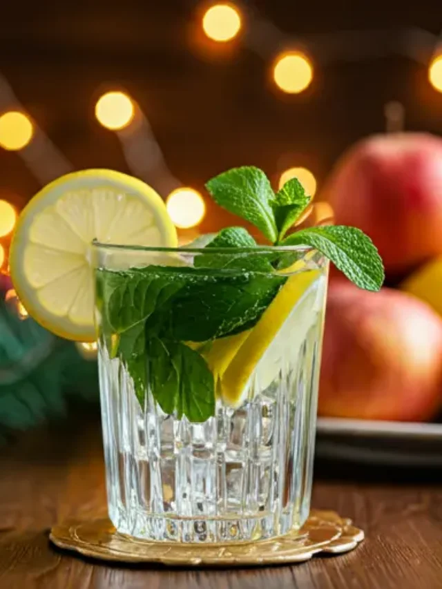 Yuletide Lemonade Elixir is a glass of Pomegranate Paradise Elixir, glowing with a rich ruby-red hue, garnished with fresh pomegranate seeds and a sprig of mint.