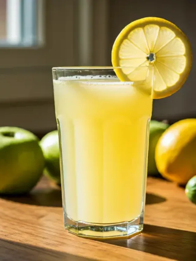 A light green juice in a glass, garnished with a lemon slice and fresh mint leaves, embodying the freshness and energy of spring. Zesty Citrus Bliss .