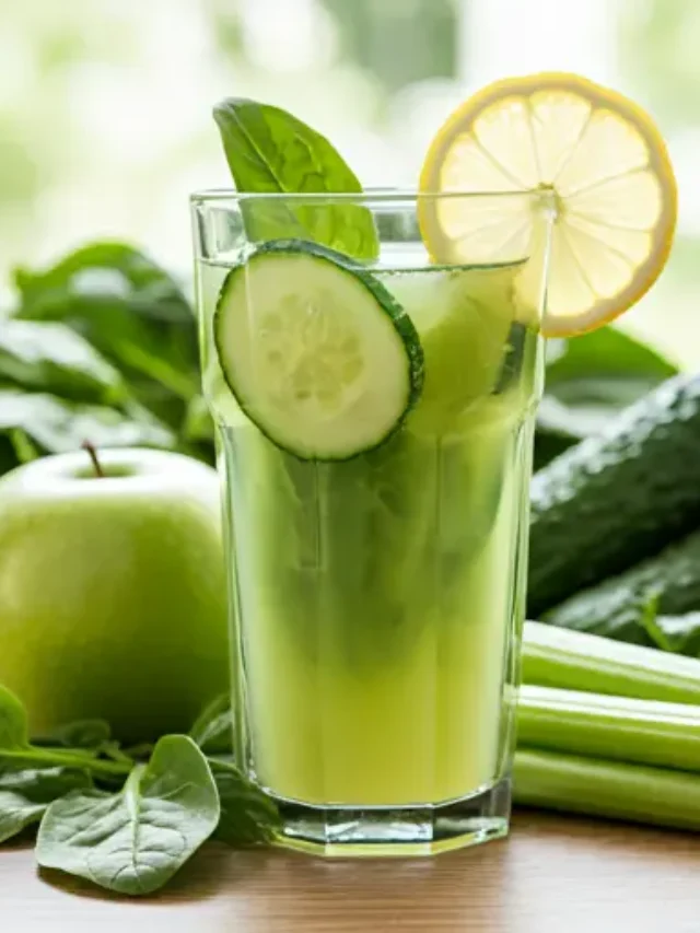 A crisp glass of Zesty Green Lemonade Detox, with a refreshing light green hue, garnished with a lemon slice and a sprig of mint.