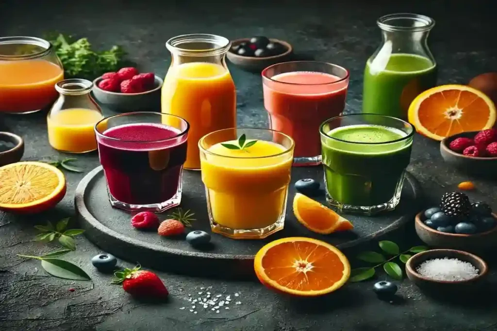 A collection of colorful juice glasses placed on an elegant dark background featuring green juice orange juice berry smoothie and mango juice with fruit slices arranged nearby