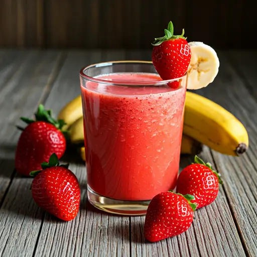 Berry Banana Dream : A creamy pink smoothie in a glass, topped with fresh mixed berries and a banana slice, exuding fruity and vibrant freshness.