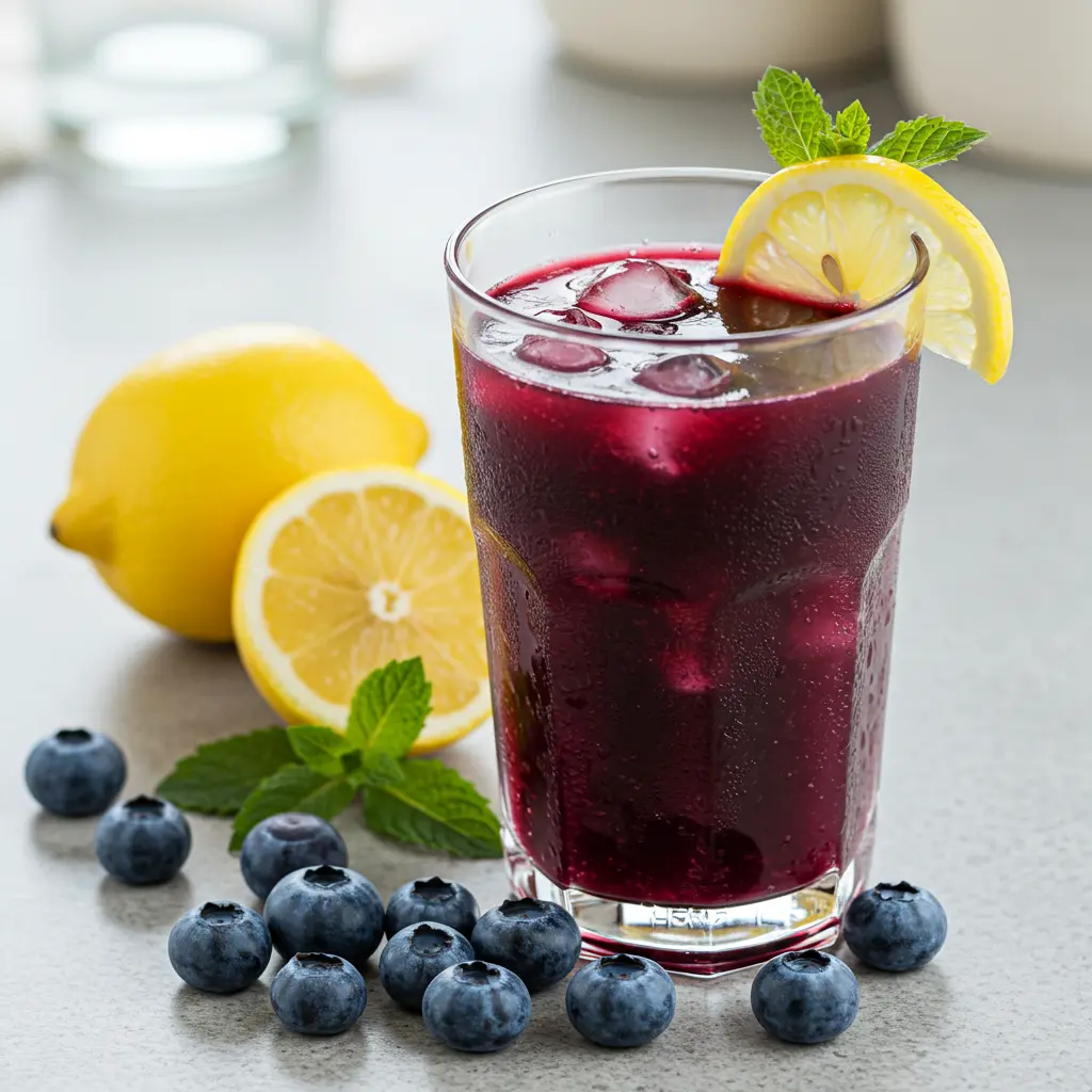 Blueberry Elixir A Sip of Pure Joy in a pitcher with muddled blueberries citrus slices and mint leaves