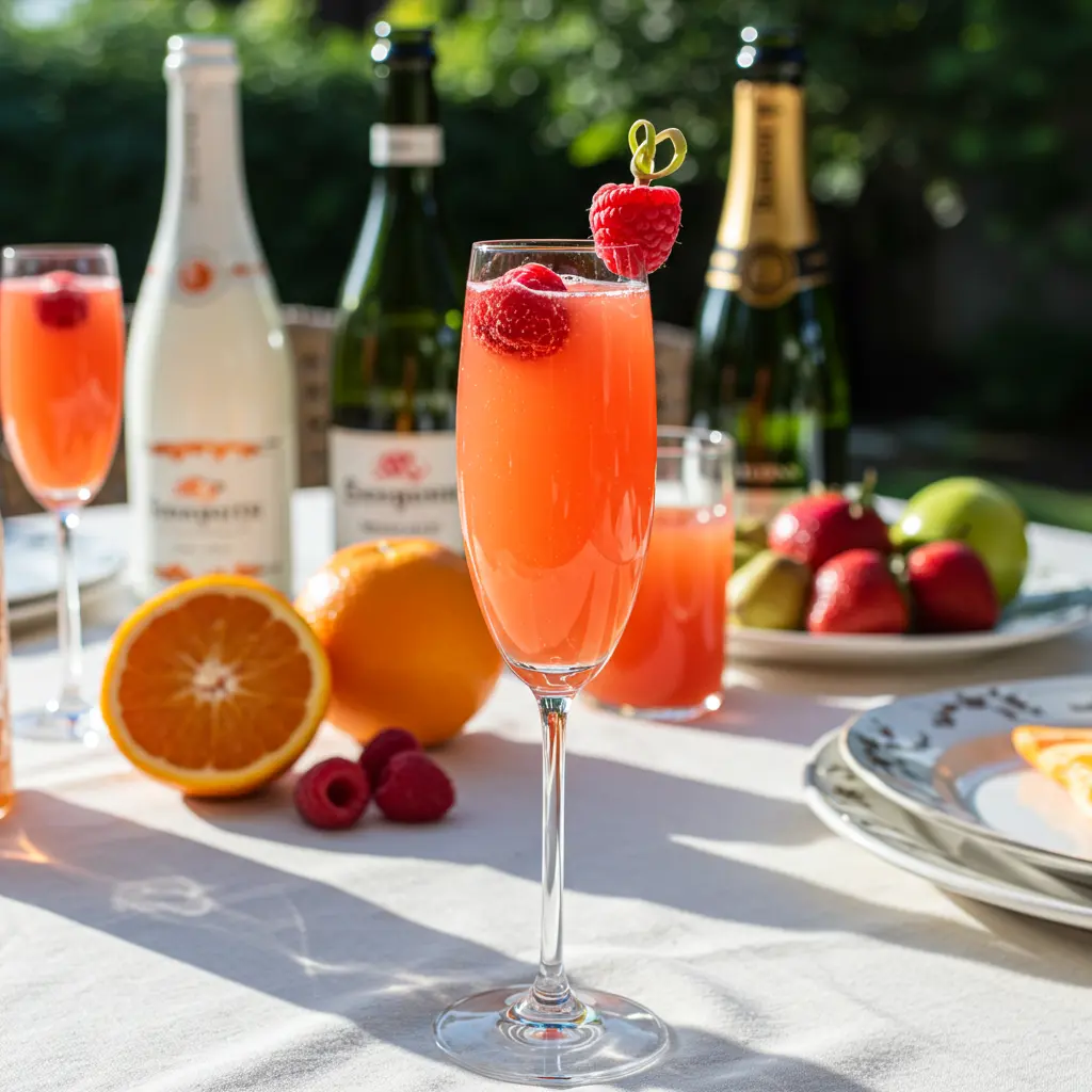 A sparkling glass of Blushing Bubbles Delight with a rosy pink hue garnished with fresh berries and a twist of citrus peel