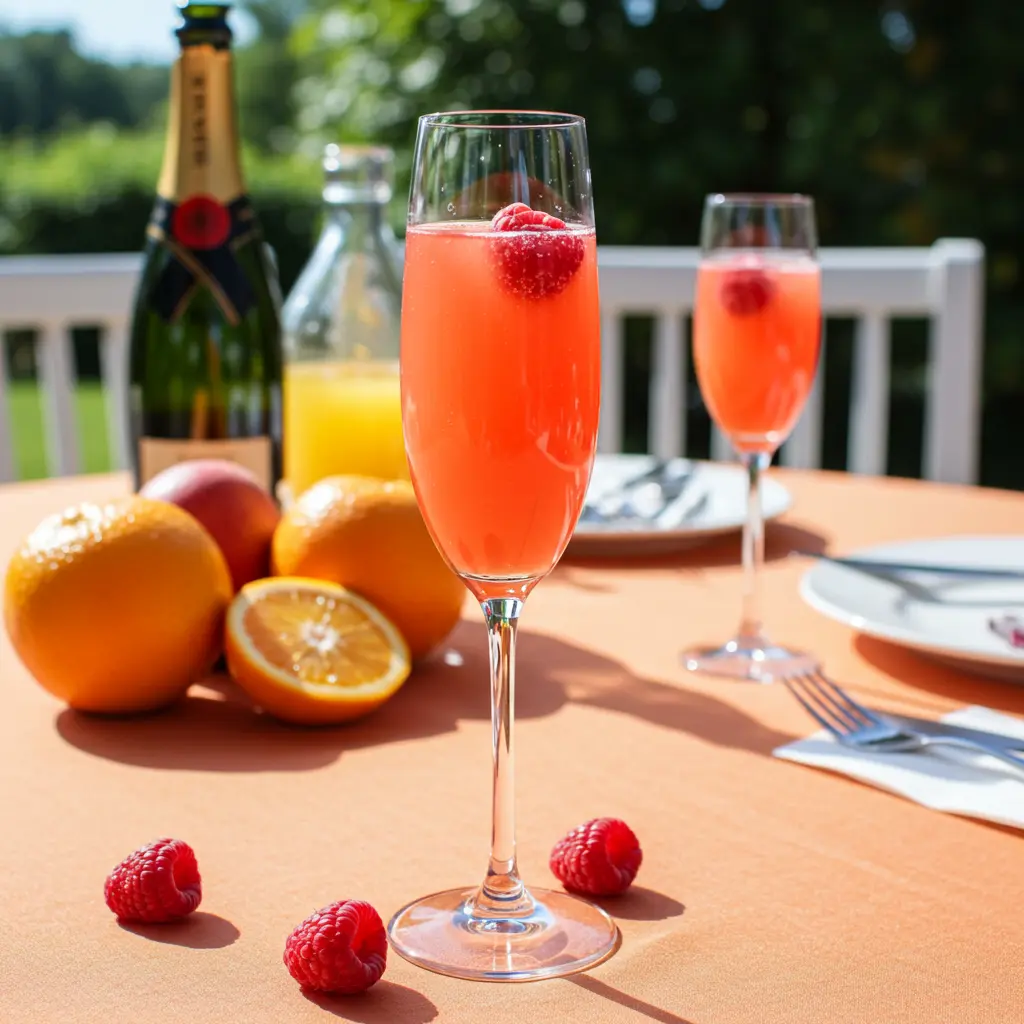 Fresh ingredients for Blushing Bubbles Delight including strawberries raspberries citrus slices and sparkling water arranged on a rustic wooden surface