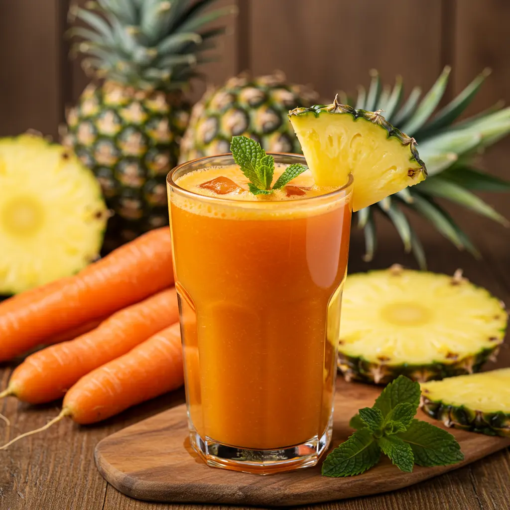 Fresh ingredients for Carrot Pineapple Paradise including chopped pineapple fresh carrots and a hint of citrus arranged on a rustic wooden surface