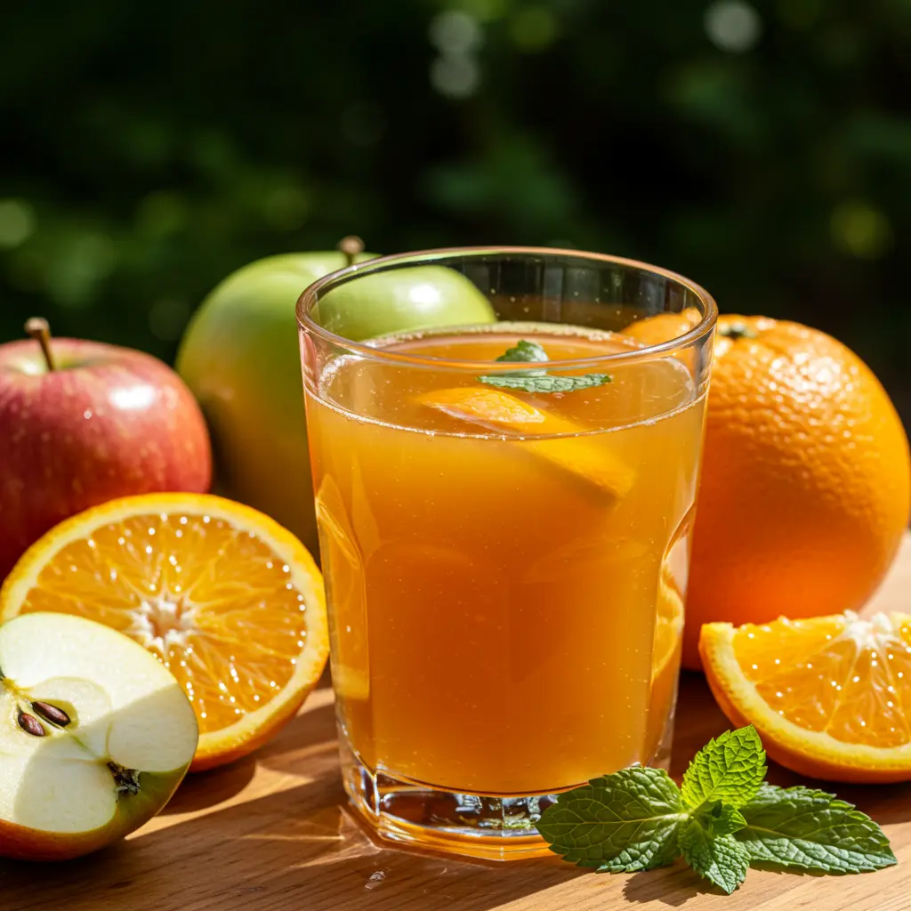A vibrant glass of Citrus Burst Juice with a golden orange hue garnished with an orange slice and a sprig of mint