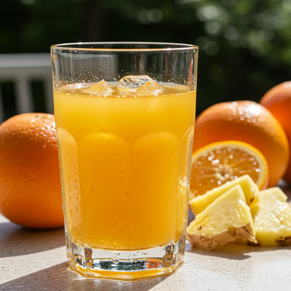 A radiant glass of Citrus Glow Elixir with a golden orange hue garnished with a slice of orange and a sprig of mint
