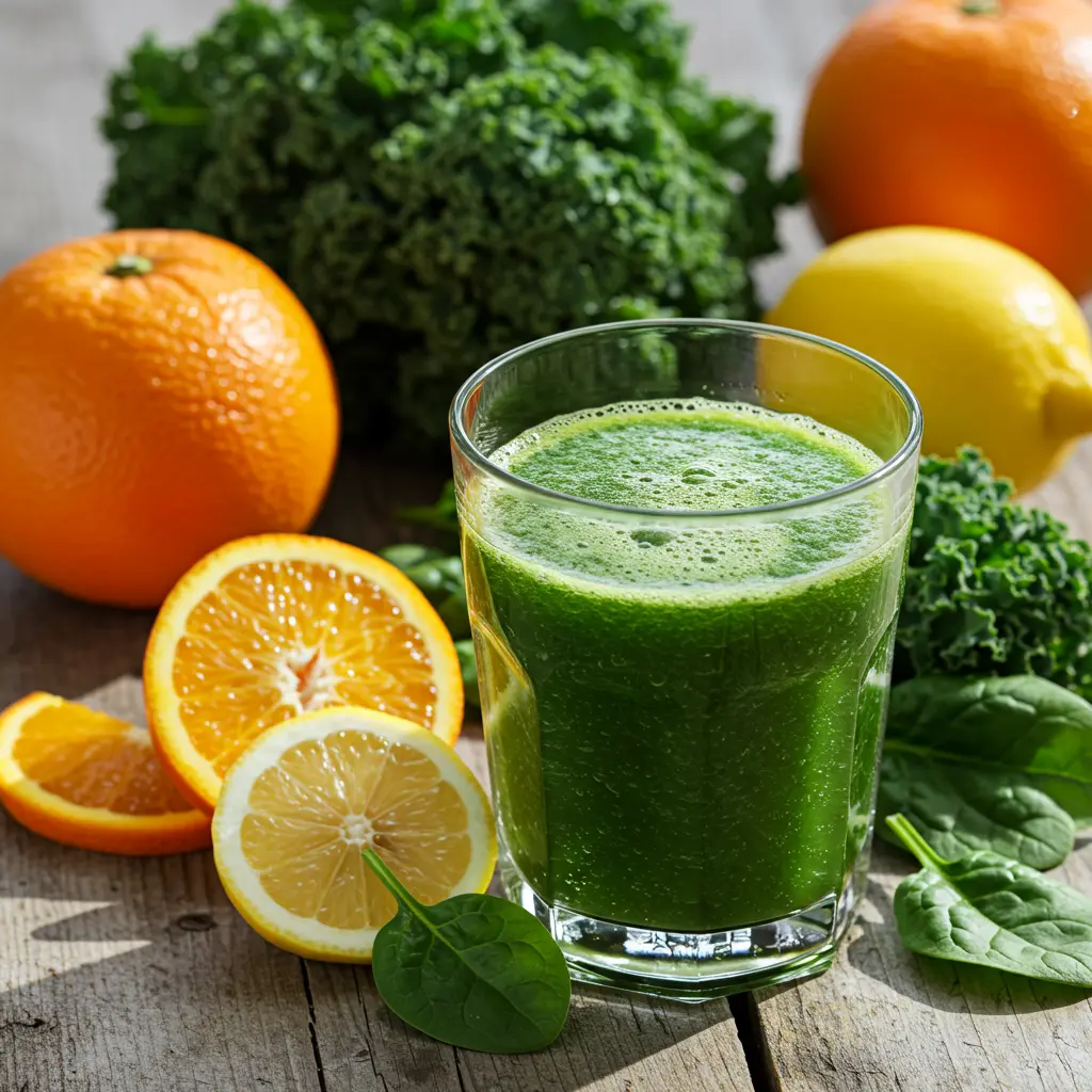 A vibrant glass of Citrus Leafy Green Vitality Elixir with a bright green hue garnished with a lemon slice and a sprig of fresh greens