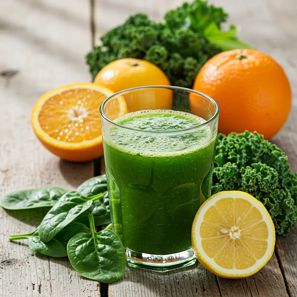 Fresh ingredients for Citrus Leafy Green Vitality Elixir including lemons oranges spinach and cucumber arranged on a rustic wooden surface