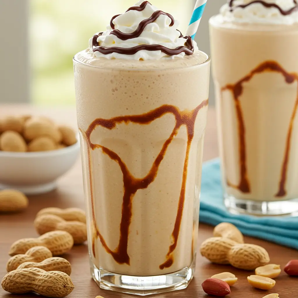 Decadent Creamy Peanut Butter Indulgence in a tall glass topped with whipped cream crushed peanuts and a drizzle of peanut butter