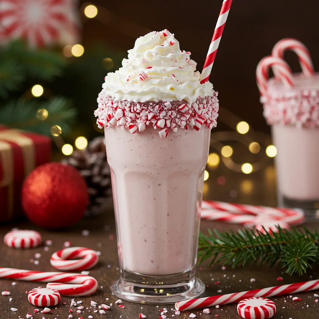 Holiday Bliss Peppermint Milkshake in a blender with vanilla ice cream peppermint extract and milk