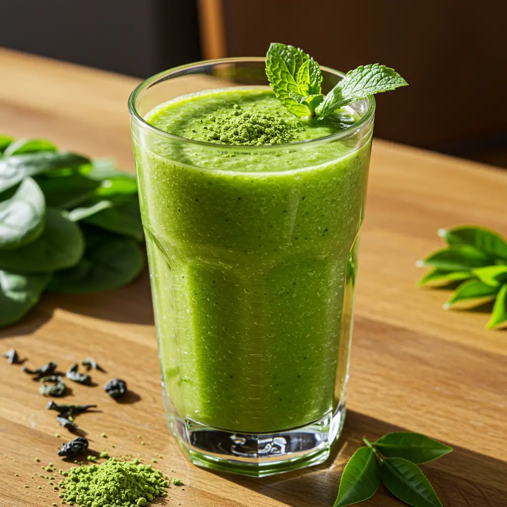 Matcha Power Green Tea Smoothie in a blender with matcha powder banana and almond milk