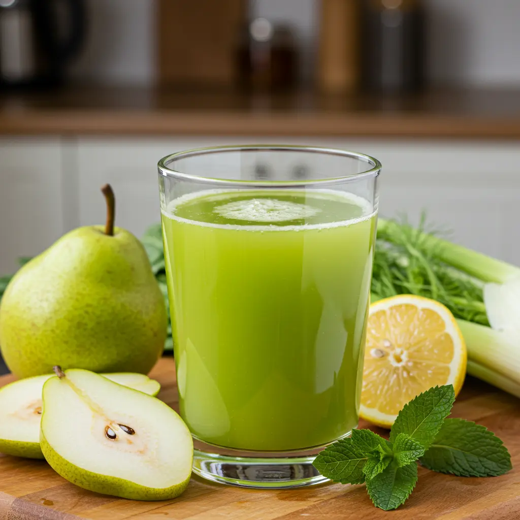 A refreshing glass of Pear Fennel Vitality Juice with a light golden green hue garnished with a pear slice and a sprig of fennel fronds