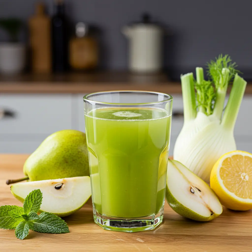 Fresh ingredients for Pear Fennel Vitality Juice including ripe pears fennel bulbs and lemon arranged on a rustic wooden surface