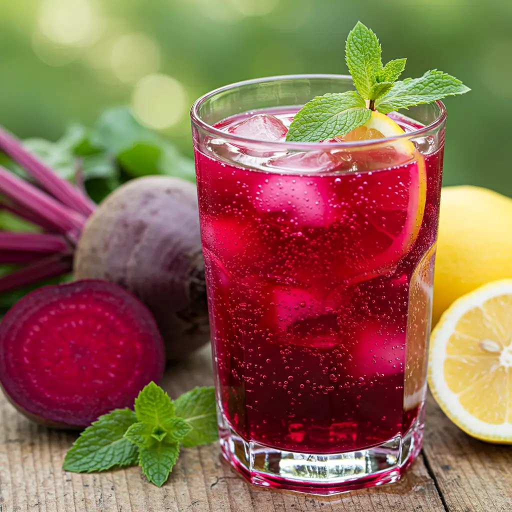 Fresh ingredients for Radiant Beet Sparkle including beets oranges lemons and sparkling water arranged on a rustic wooden surface