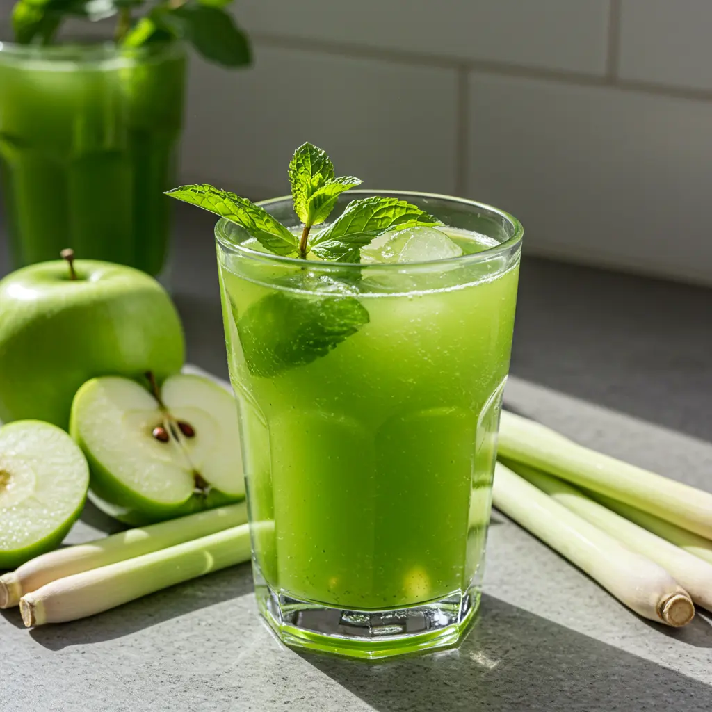 Fresh ingredients for Refreshing Sweet Green Lemongrass Elixir including lemongrass stalks green tea leaves and lime arranged on a rustic wooden surface