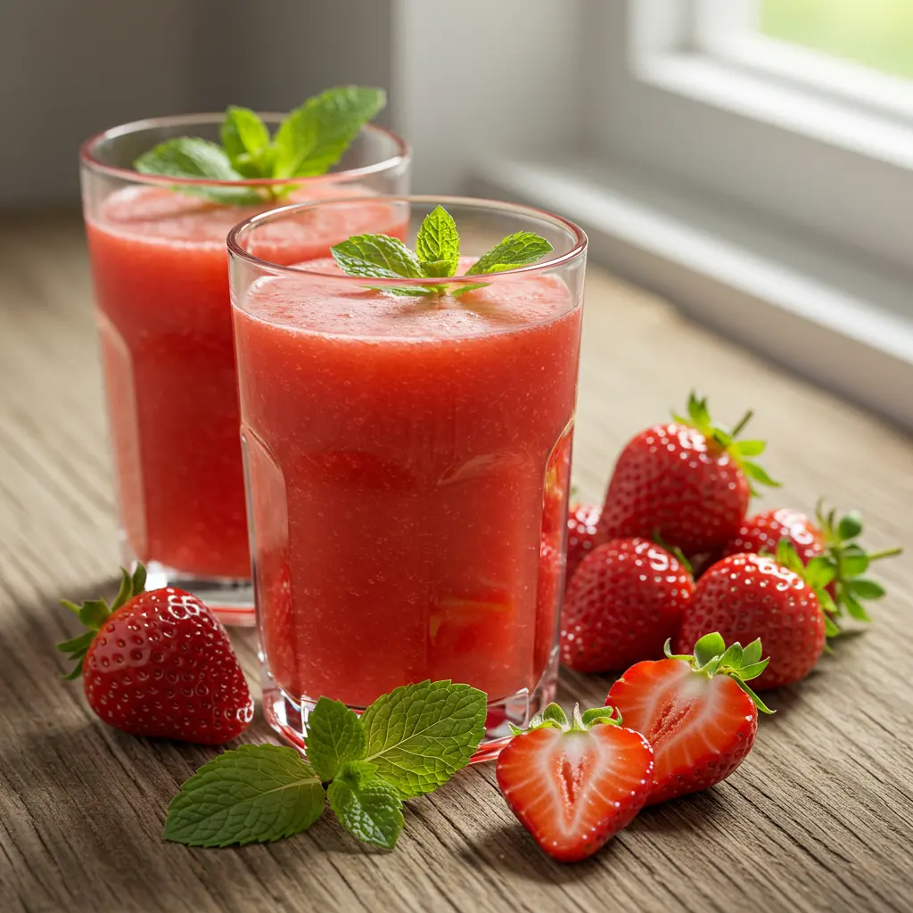 Fresh ingredients for Summer Strawberry Bliss including ripe strawberries lemons and honey arranged on a rustic wooden surface