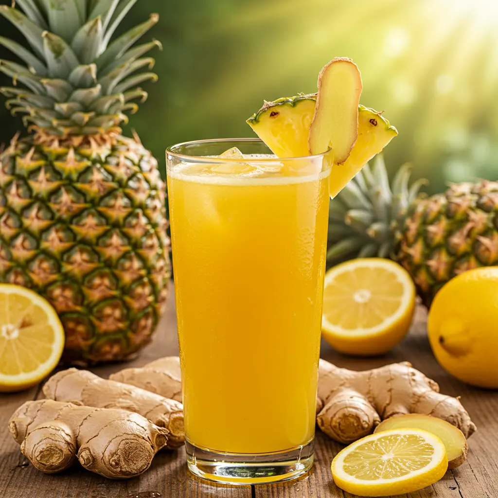 Fresh ingredients for Tropical Ginger Zing including pineapple oranges fresh ginger and mint arranged on a rustic wooden surface