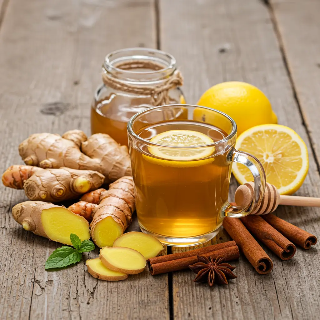A warm cup of Vitality Elixir A Soothing Immunity Tea with a golden hue garnished with a lemon slice and a cinnamon stick