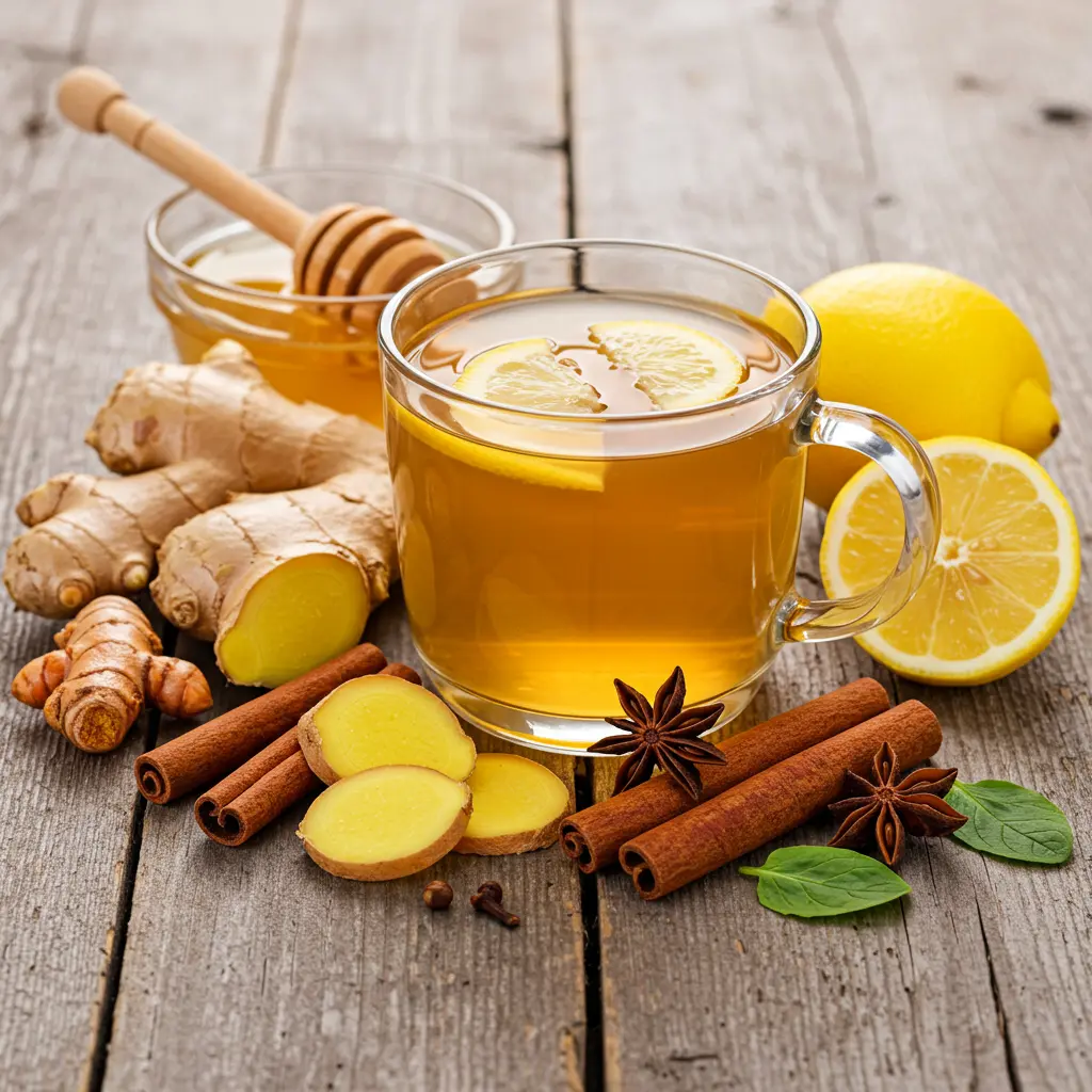 Fresh ingredients for Vitality Elixir A Soothing Immunity Tea including lemons ginger honey and cinnamon arranged on a rustic wooden surface