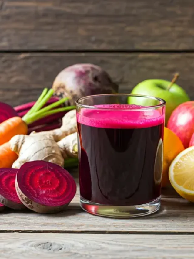 Beet Blast Revival : A deep crimson beet juice in a glass, garnished with a thin slice of beet and a sprig of parsley, offering earthy and revitalizing flavors.