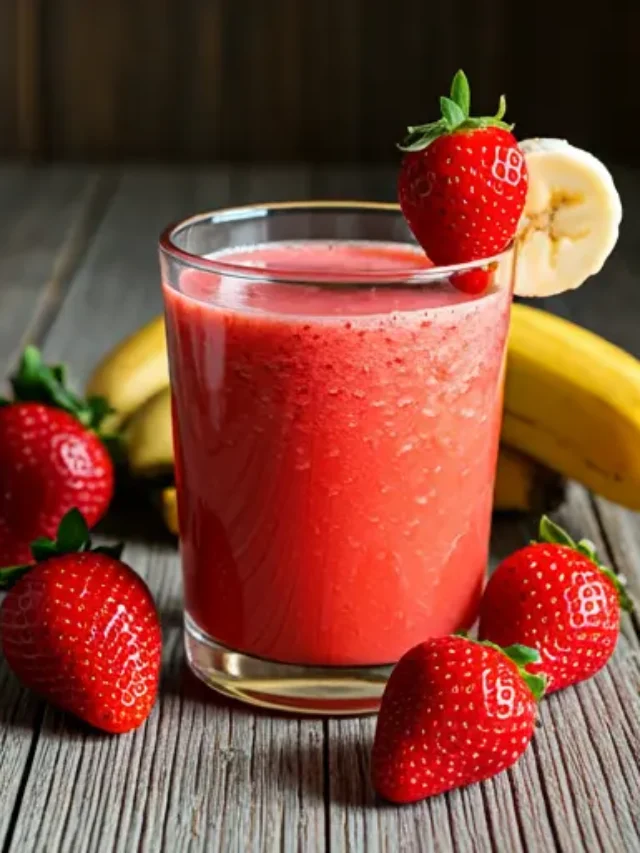 Berry Banana Dream : A creamy pink smoothie in a glass, topped with fresh mixed berries and a banana slice, exuding fruity and vibrant freshness.
