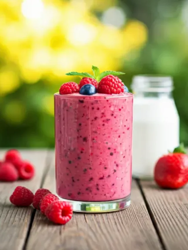 Berry Delight Smoothie: A vibrant purple smoothie in a glass, topped with fresh mixed berries and a mint sprig, exuding sweet and fruity energy.