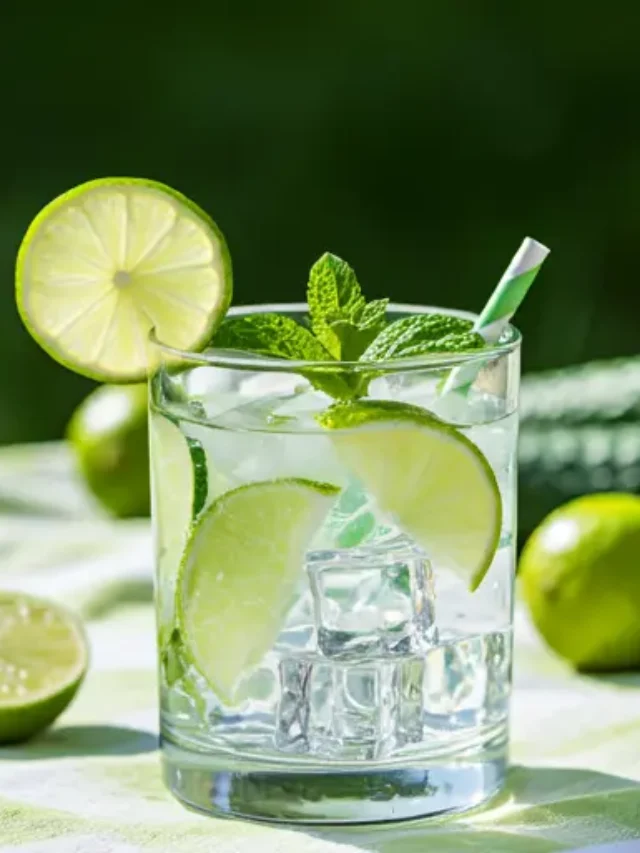 Chilled Cucumber Citrus Quencher : A light green beverage in a glass, garnished with a cucumber slice and a wedge of lime, exuding cool and refreshing citrus vibes.