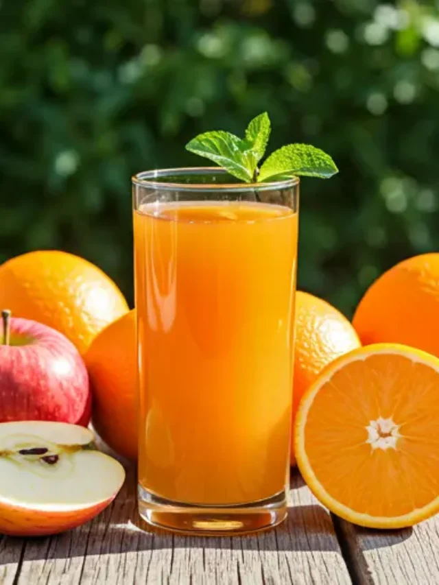 Citrus Burst Juice : A refreshing glass of citrus juice with a golden-orange hue, garnished with a lemon slice and fresh mint leaves.