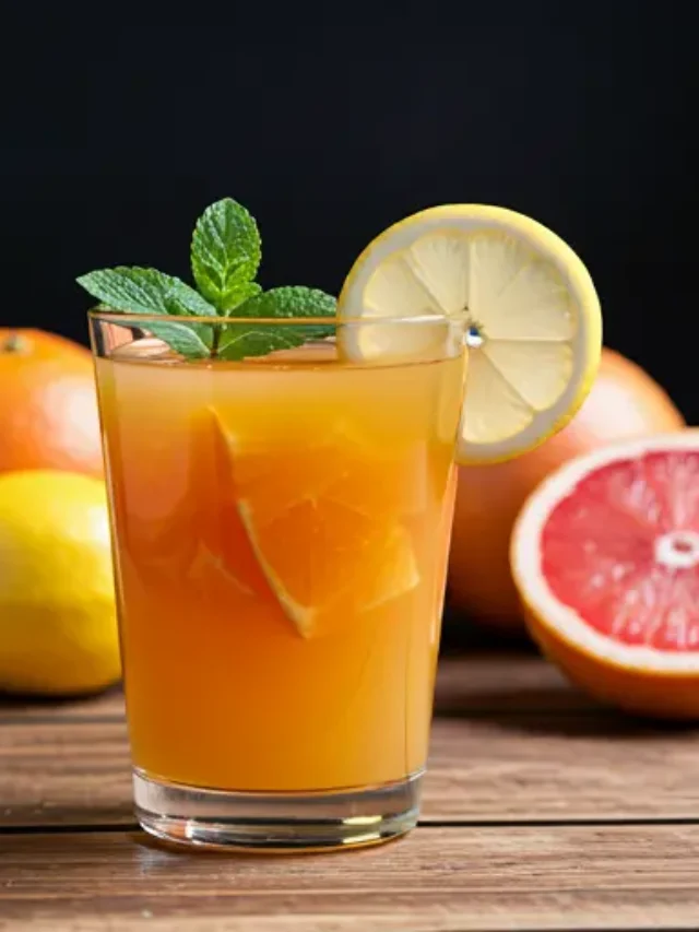 Citrus Immunity Elixir A bright orange drink in a glass, garnished with an orange slice and a sprinkle of ginger, exuding immunity-boosting freshness.