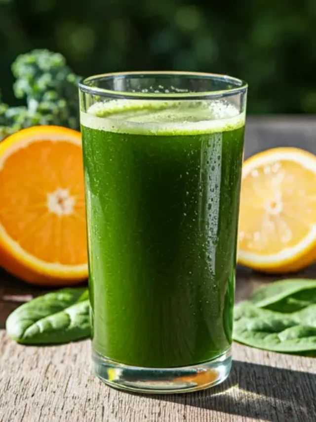 Citrus & Leafy Green Vitality Elixir : A bright green juice in a glass, garnished with a slice of lime and a kale leaf, exuding refreshing and wholesome vitality.