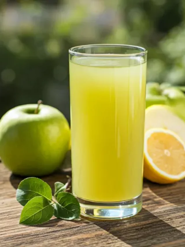 Crisp Green Apple Juice : A bright green juice in a glass, garnished with a slice of green apple and a mint leaf, exuding fresh and crisp energy.