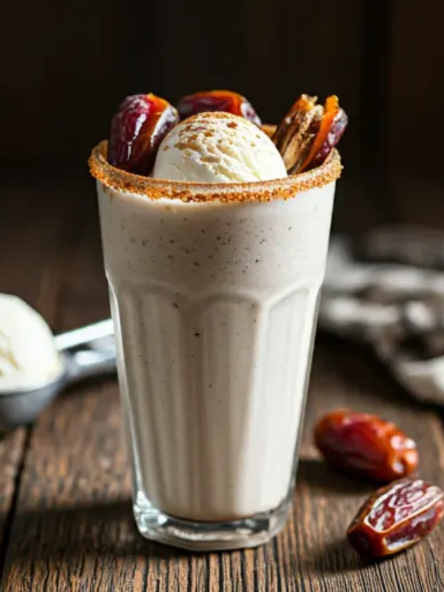 Date Delight Shake : A creamy beige date shake served in a tall glass, topped with a drizzle of caramel and chopped dates for a luxurious treat.