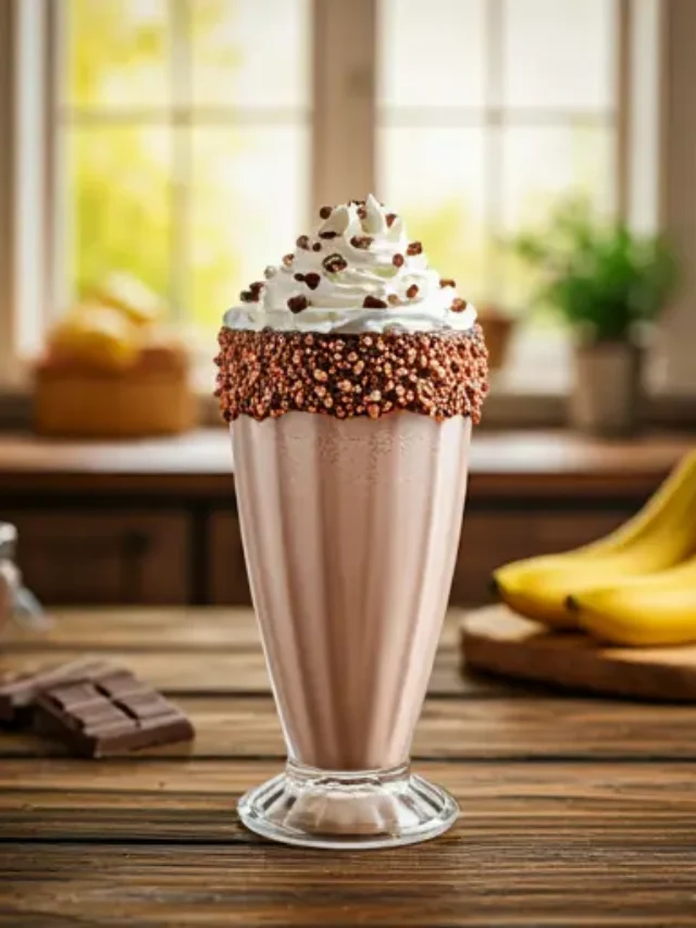 Decadent Chocolate-Banana Dream Shake : A rich chocolate milkshake in a glass, topped with whipped cream, a banana slice, and a drizzle of chocolate syrup, exuding indulgent sweetness.