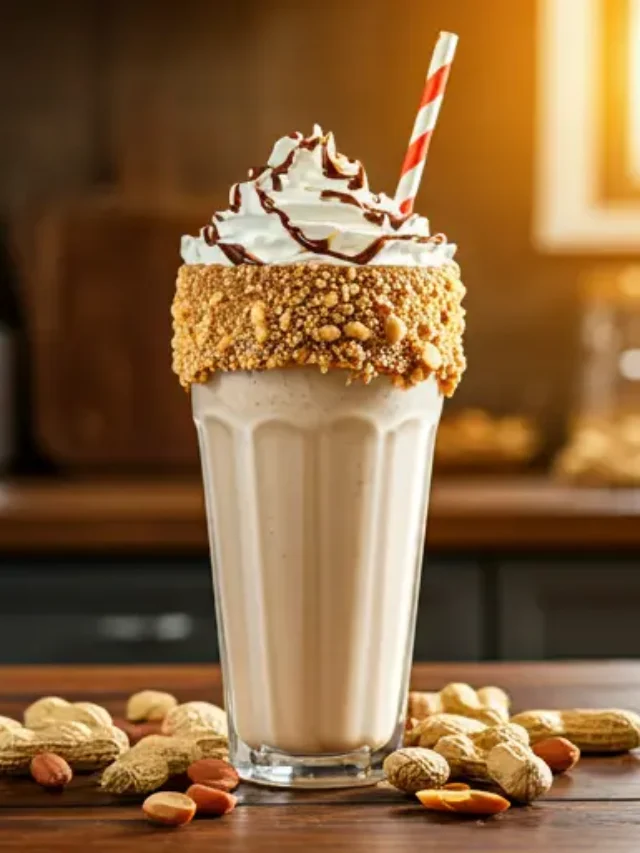Decadent Creamy Peanut Butter Indulgence : A rich beige milkshake in a glass, topped with whipped cream, a drizzle of peanut butter, and crushed peanuts, exuding creamy and nutty indulgence.